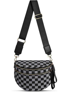 Women's Dark Gray Bum Bag Spacious Nylon Fanny Packs Checkered Cross Body Bag